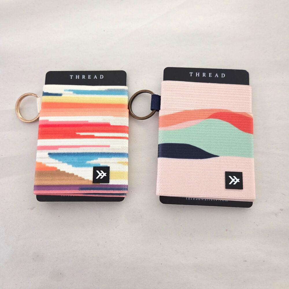 NEW Lot of 2 Thread Keychain Elastic Wallet Card Holders Mulitcolor Rainbow